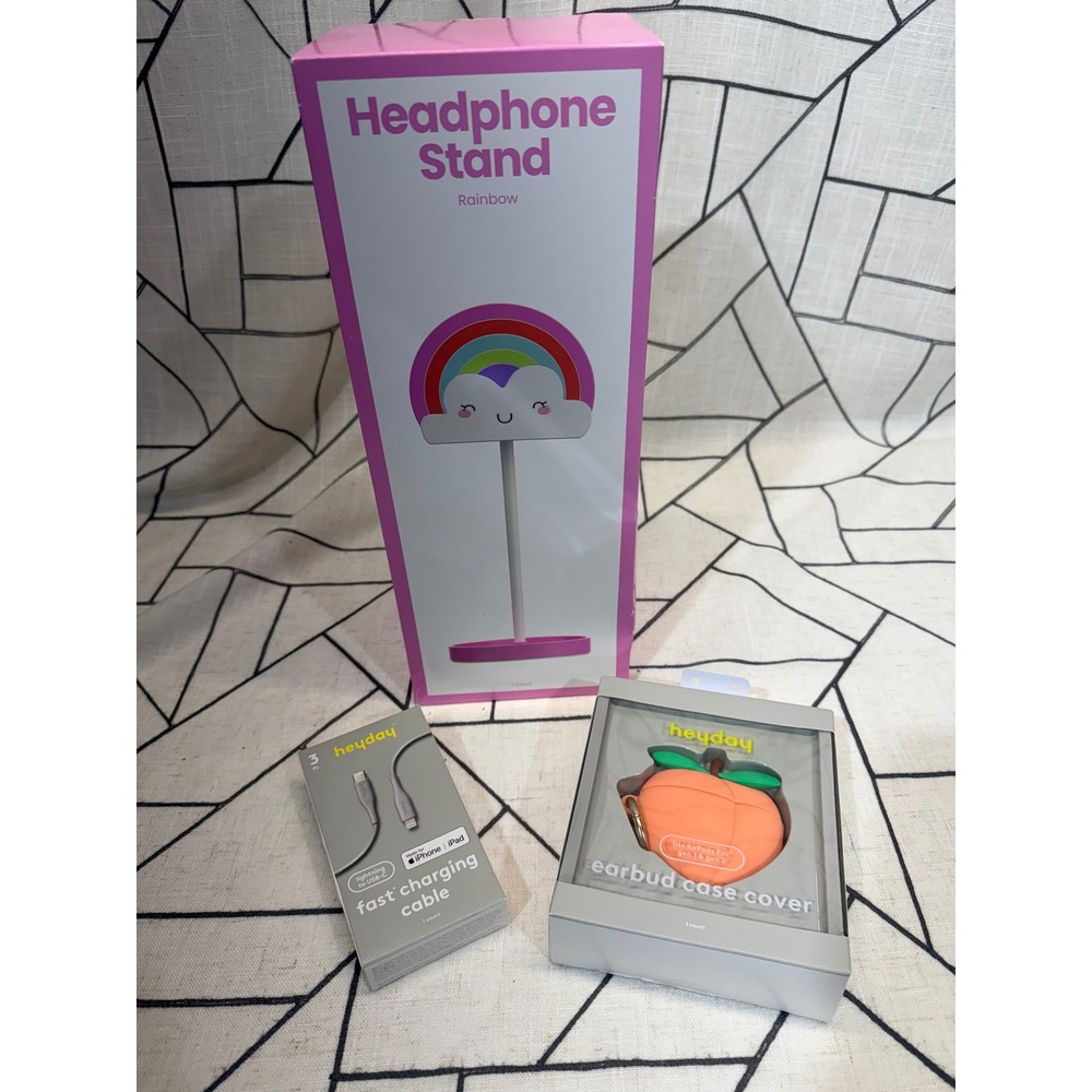 heyday Tech Bundle OS Multicolor Rainbow Headphone Stand Peach Case 3ft Cable